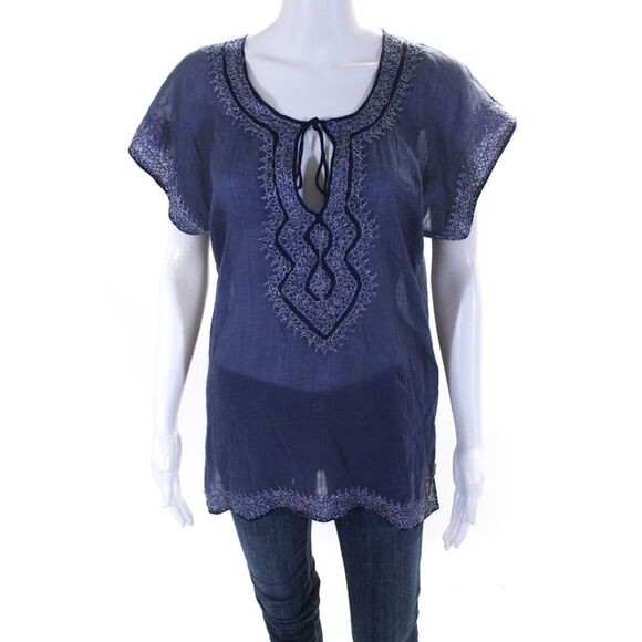 Calypso Saint Barth Womens Embroidered Tunic Blouse Blue  Cotton Size Medium - Picture 1 of 10
